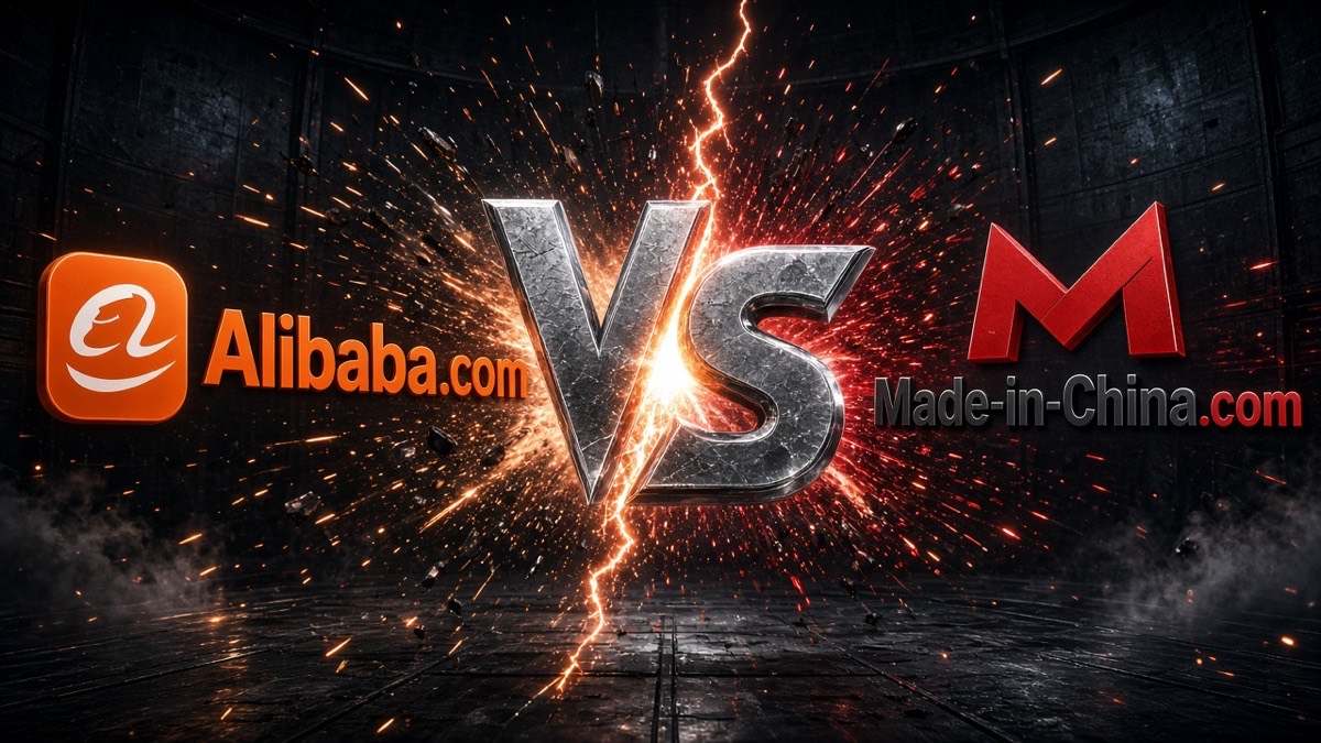 Ortada VS yazısı ile karşı karşıya Alibaba logosu ve Made-in-China logosu