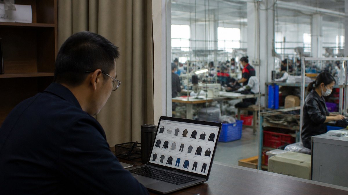 Alıcı, çevrimiçi bir tedarikçi ilanını Çin'deki bir fabrika ziyaretiyle karşılaştırıyor