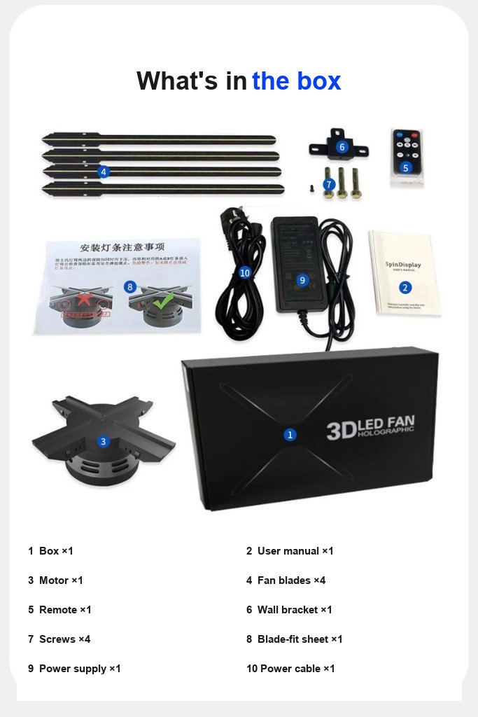 F56 holografik fan kiti: kutu, motor, dört LED kanat, kumanda ve güç kaynağı